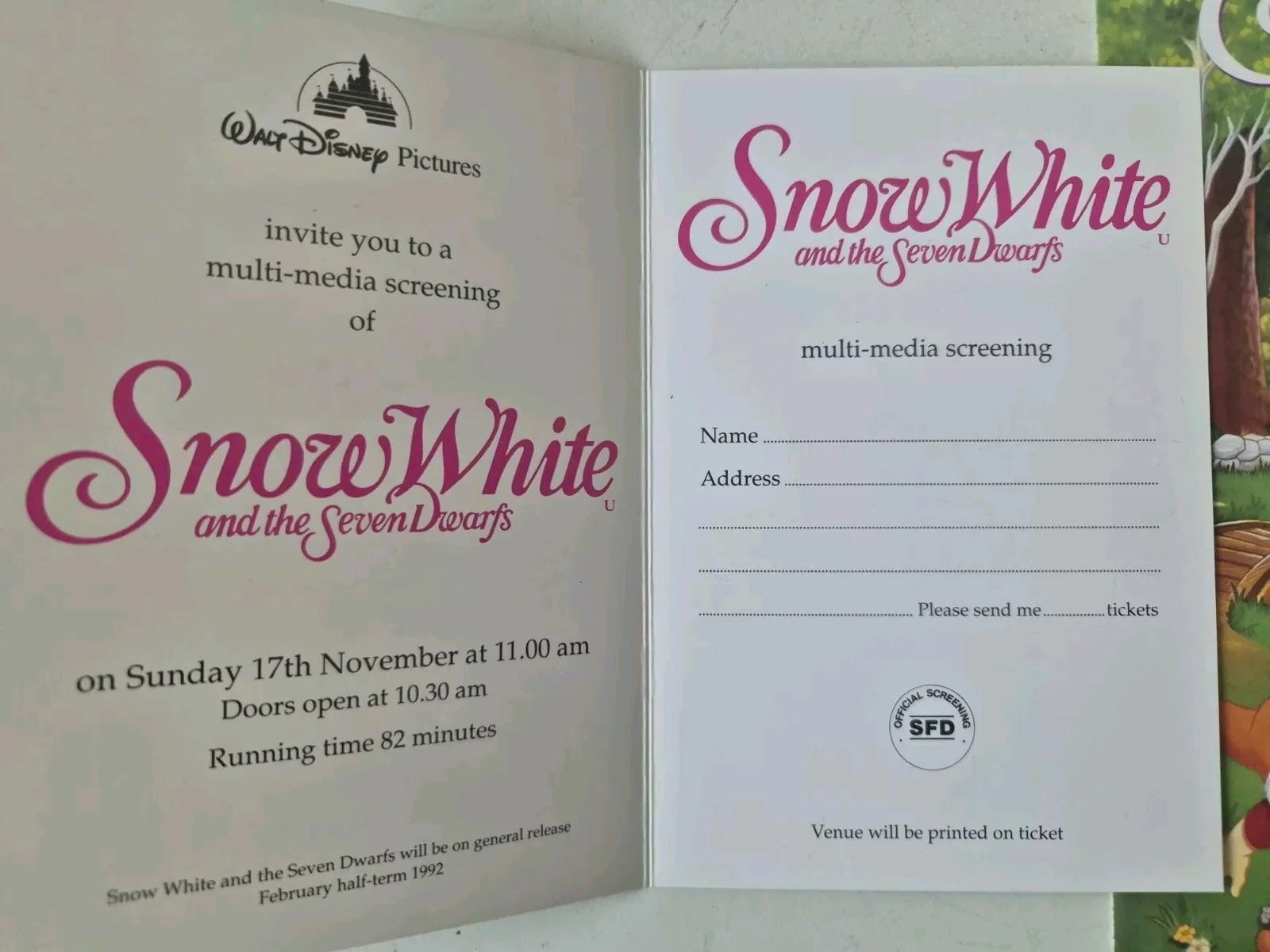Disney Snow White And The Seven Dwarfs Multimedia Ticket & Press Booklet UK Rare, image 2