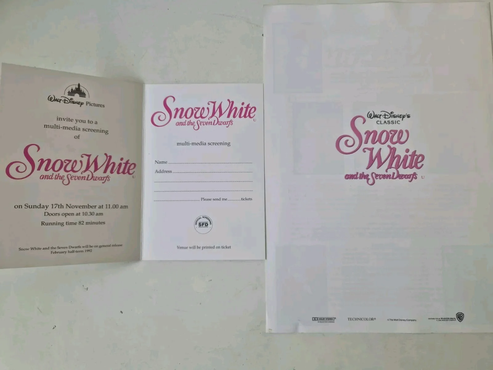 Disney Snow White And The Seven Dwarfs Multimedia Ticket & Press Booklet UK Rare, image 3