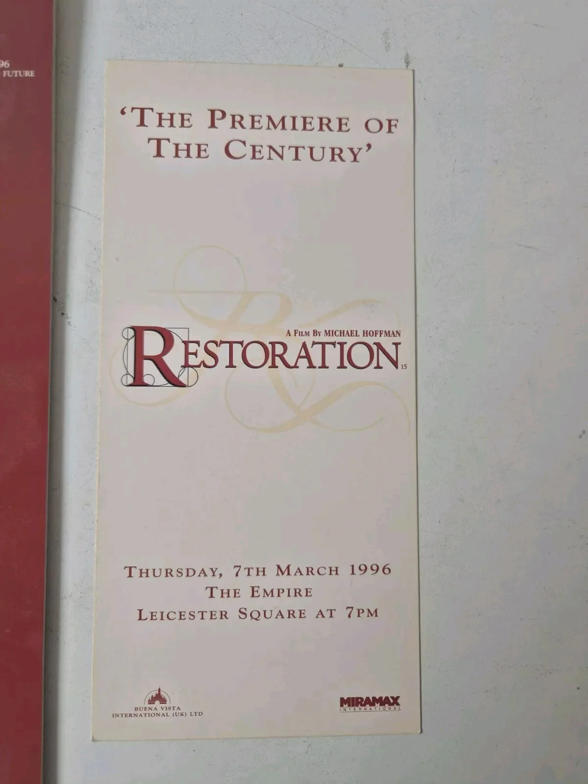 Restoration Movie Premiere Ticket & Brochure Rare 1995 Robert Downey Jr, изображение 2
