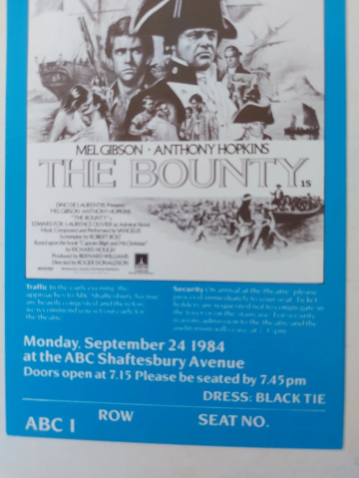 The Bounty 1984 Royal Charity Premiere Ticket UK Rare Anthony Hopkins, изображение 2