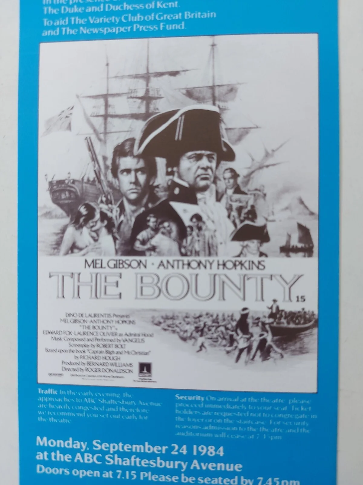 The Bounty 1984 Royal Charity Premiere Ticket UK Rare Anthony Hopkins, изображение 3