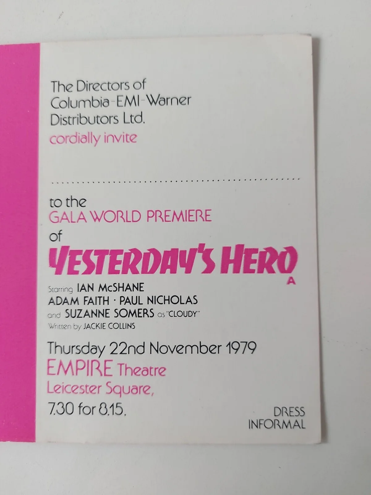Yesterday's Hero 1979 Gala World Premiere Ticket Rare Jackie Collins, изображение 3
