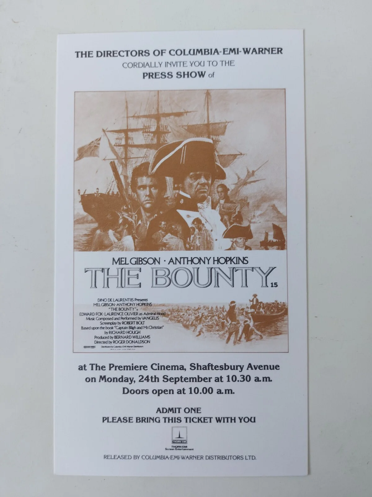 The Bounty 1984 Press Showing Ticket & Exhibitior Brochure UK Anthony Hopkins, изображение 2