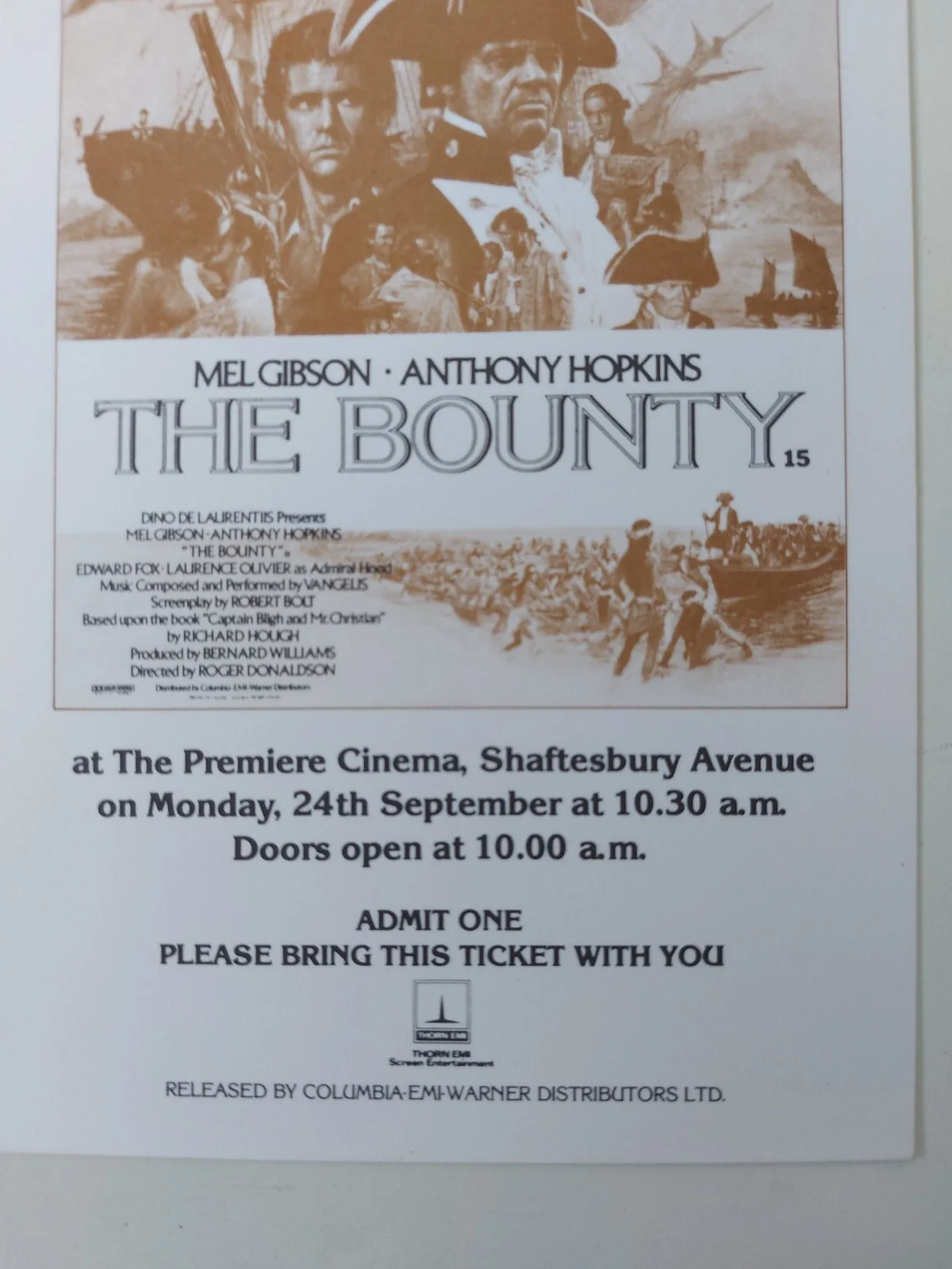 The Bounty 1984 Press Showing Ticket & Exhibitior Brochure UK Anthony Hopkins, изображение 3