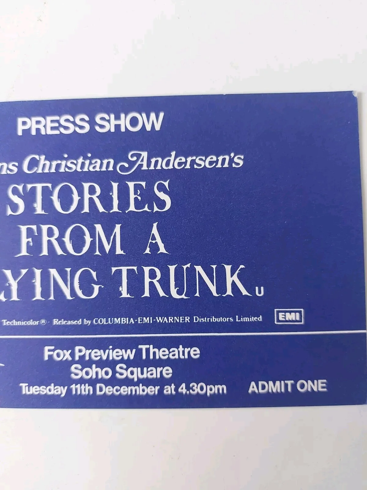 Stories From A Flying Trunk 1979 Press Show Ticket UK Hans Christian Andersen, изображение 4