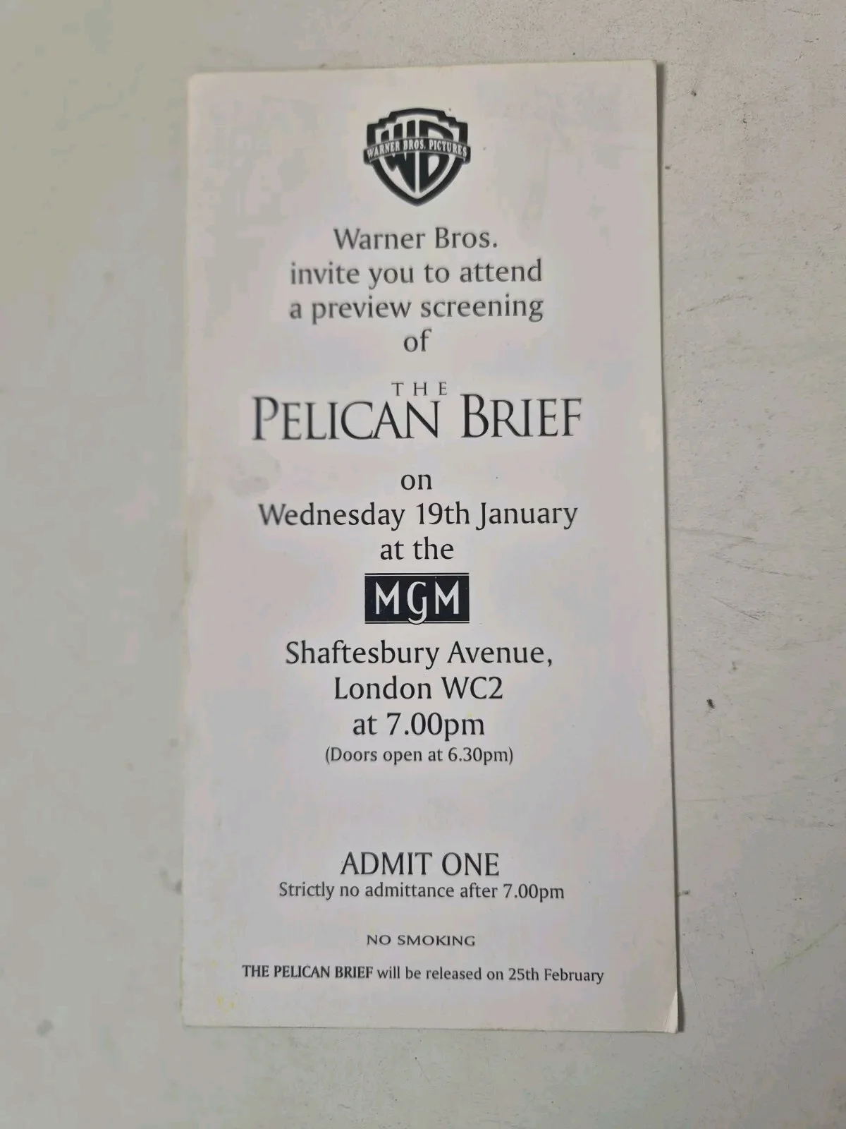 Pelican Brief 1993 Preview Screening Ticket London UK Rare Julia Roberts, image 3