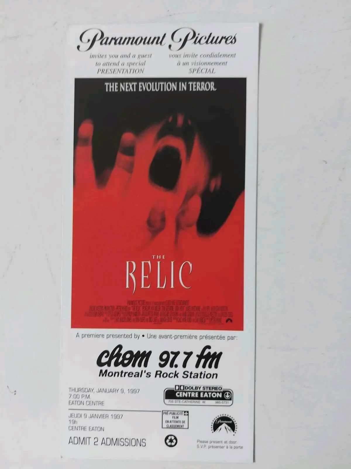 The Relic 1997 Special Screening Ticket Canada Rare Horror, image 2