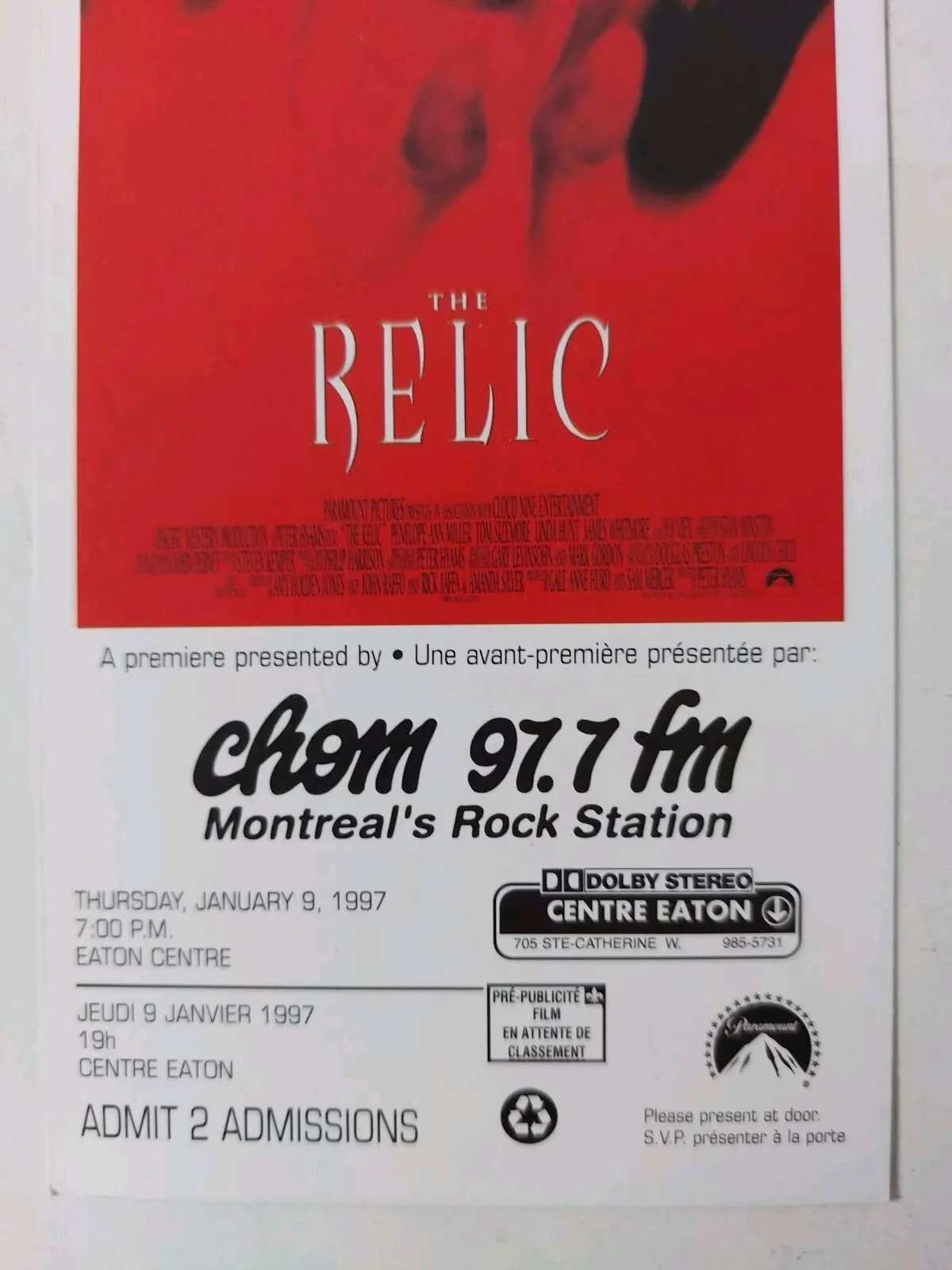 The Relic 1997 Special Screening Ticket Canada Rare Horror, image 4