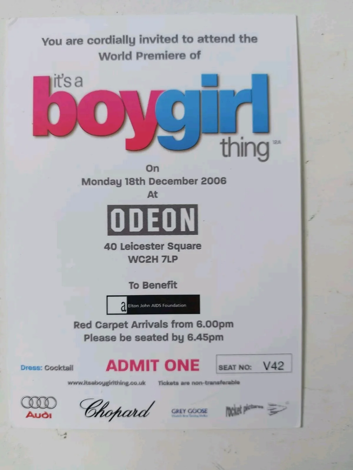 It's A Boy Girl Thing 2006 World Premiere Ticket Rare London UK, image 3