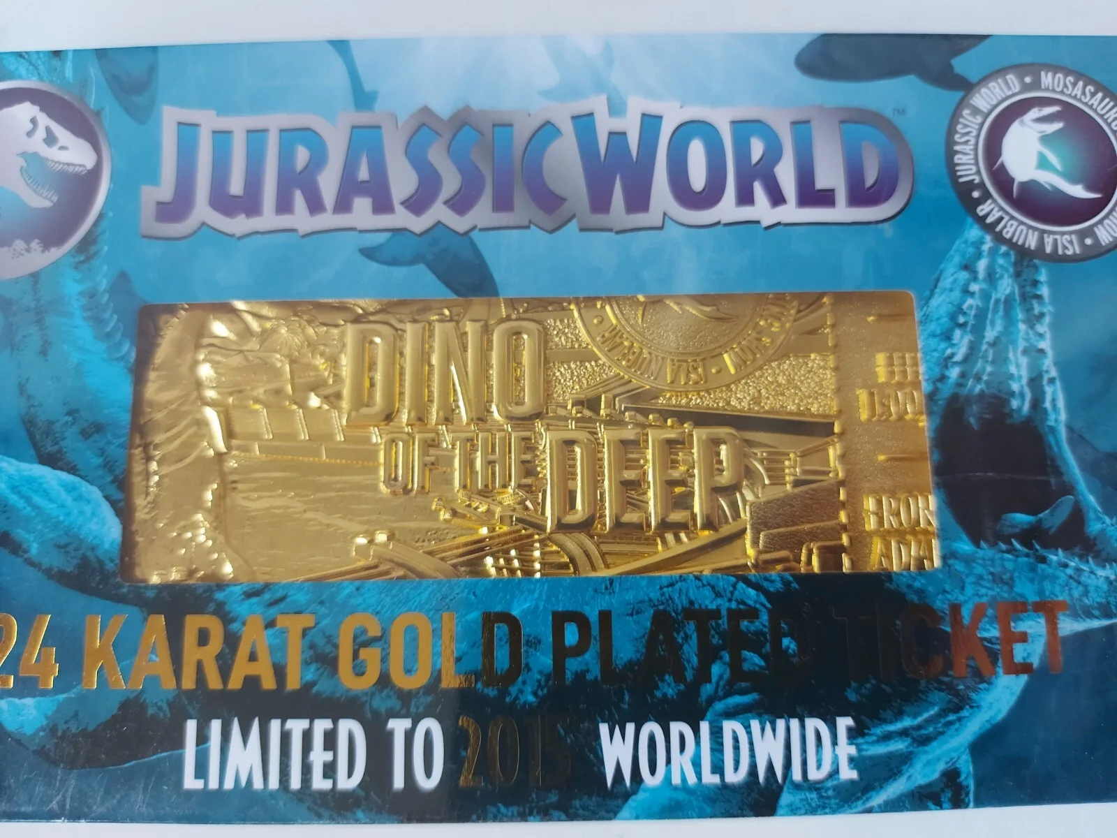 Jurassic Park 24k Gold Plated Jurassic World Mosasaurus Ticket Limit NEW Sealed, image 3
