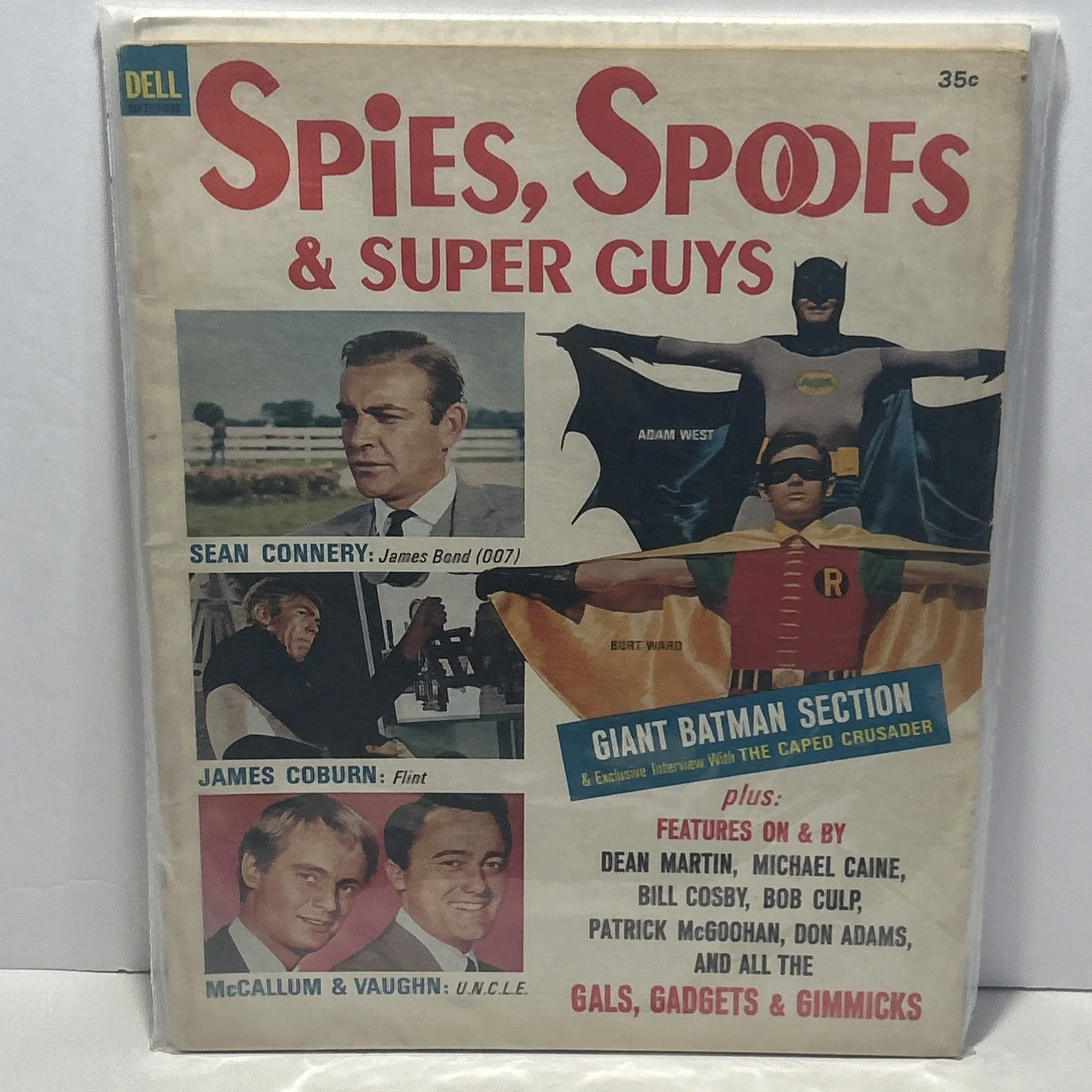 Adam West — ADAM WEST Batman Hand signed in person card; Spies, Spoofs & Super Guys Magazine