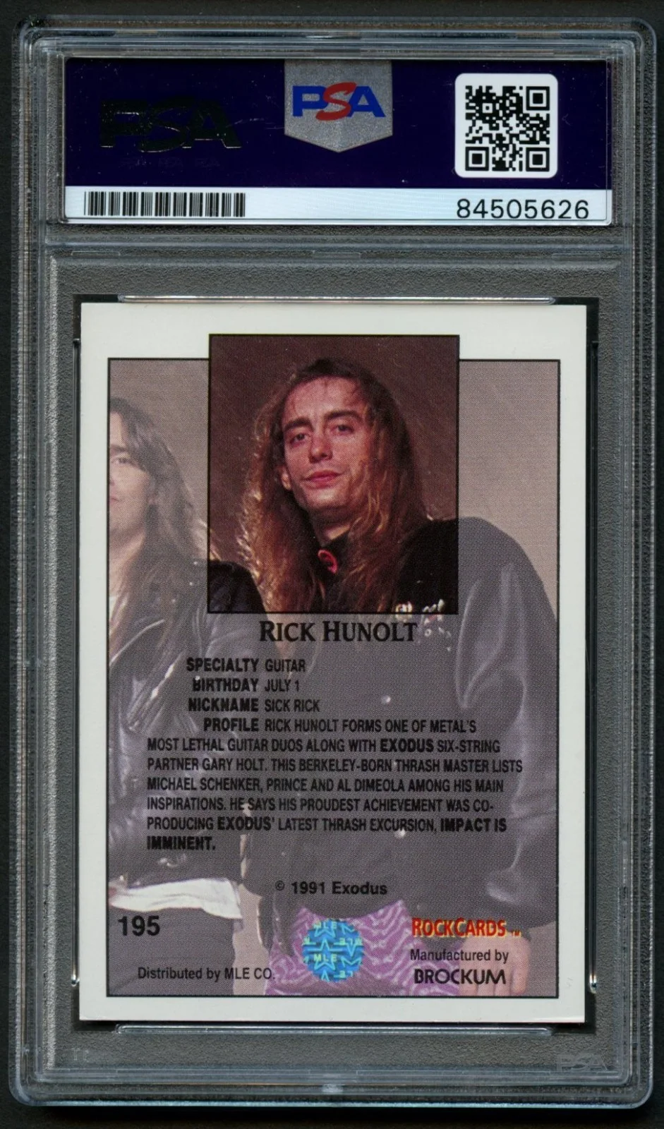 Rick Hunolt #195 signed autograph 1991 RockCards Exodus Card PSA Slabbed, image 2