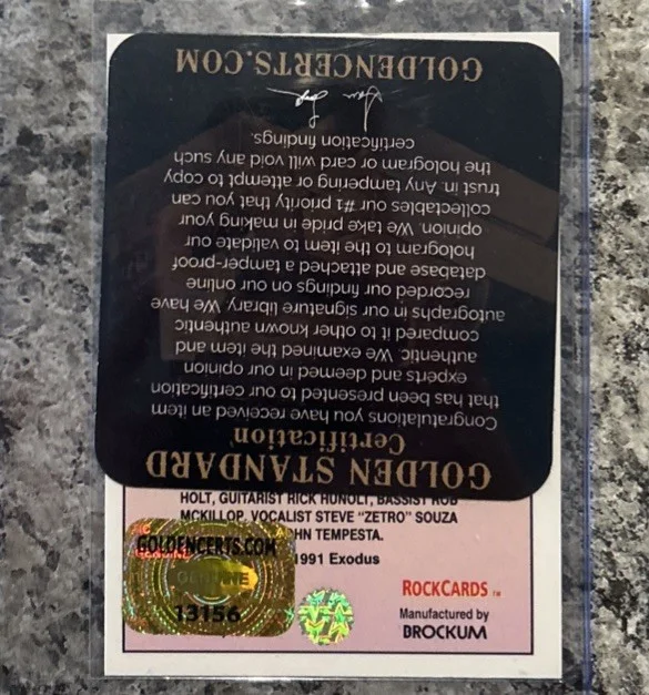 Steve Souza Exodus Music Star Signed Autographed 1991 Rockcards Card W COA, изображение 3