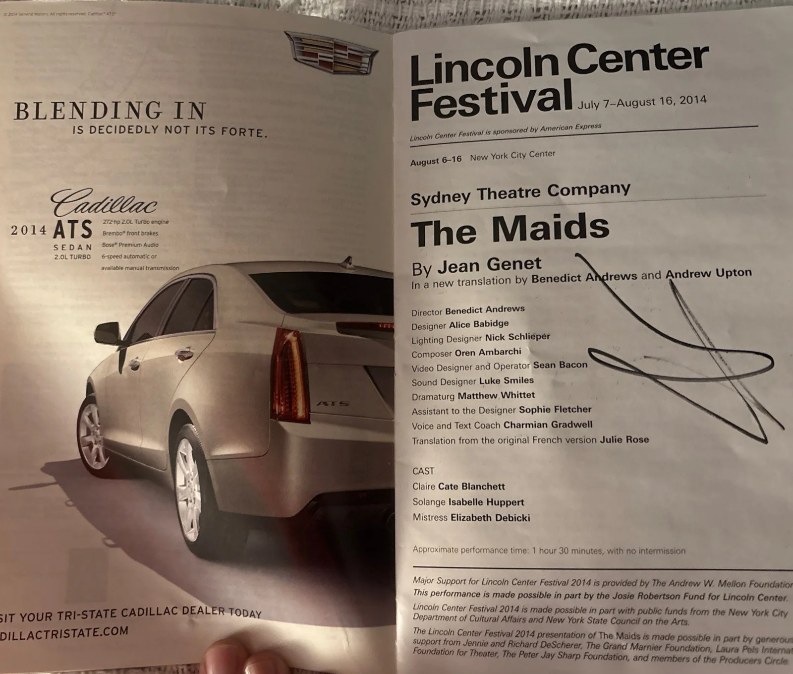 Isabelle Huppert The Maids Signed Playbill Autographed 2014, image 2