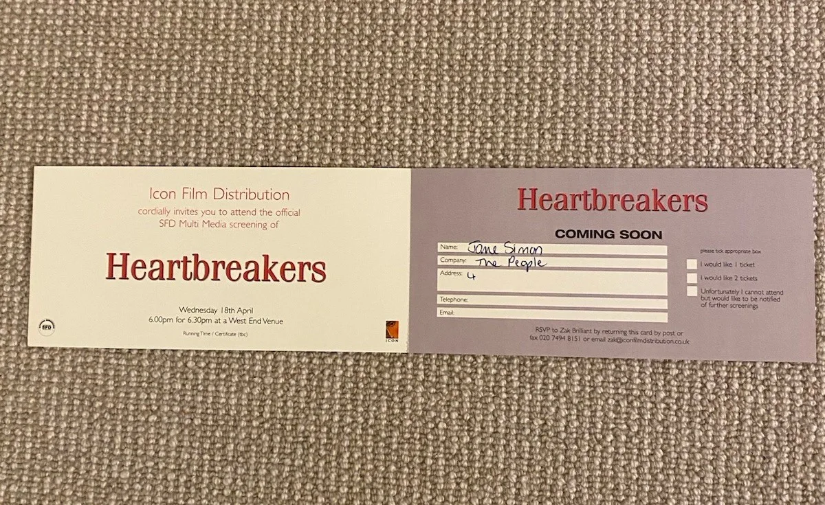 HEARTBREAKERS MULTI MEDIA SCREENING TICKET APPLICATION London 2000 - S.Weaver, image 2