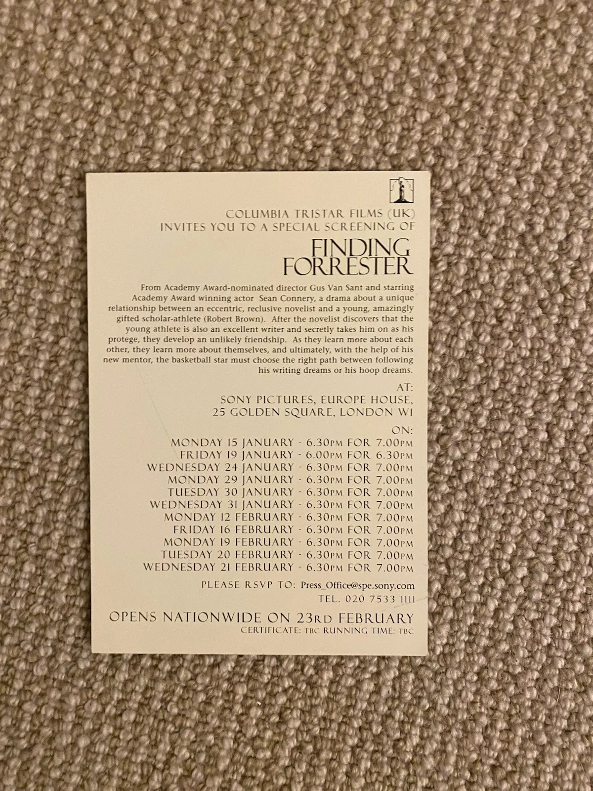 FINDING FORRESTER - SPECIAL SCREENING TICKET - SEAN CONNERY - London 2000, image 2