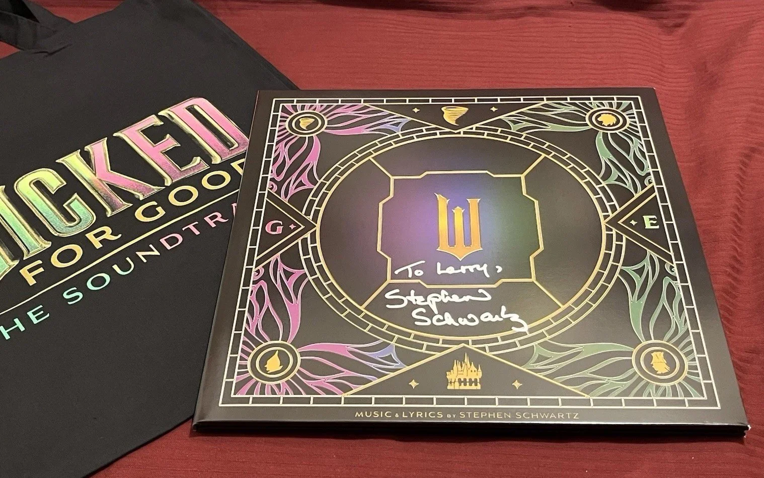 STEPHEN SCHWARTZ — STEPHEN SCHWARTZ SIGNED WICKED PIC DISC VINYL AUTO TOTE TO LARRY EXACT PROOF G, изображение 4
