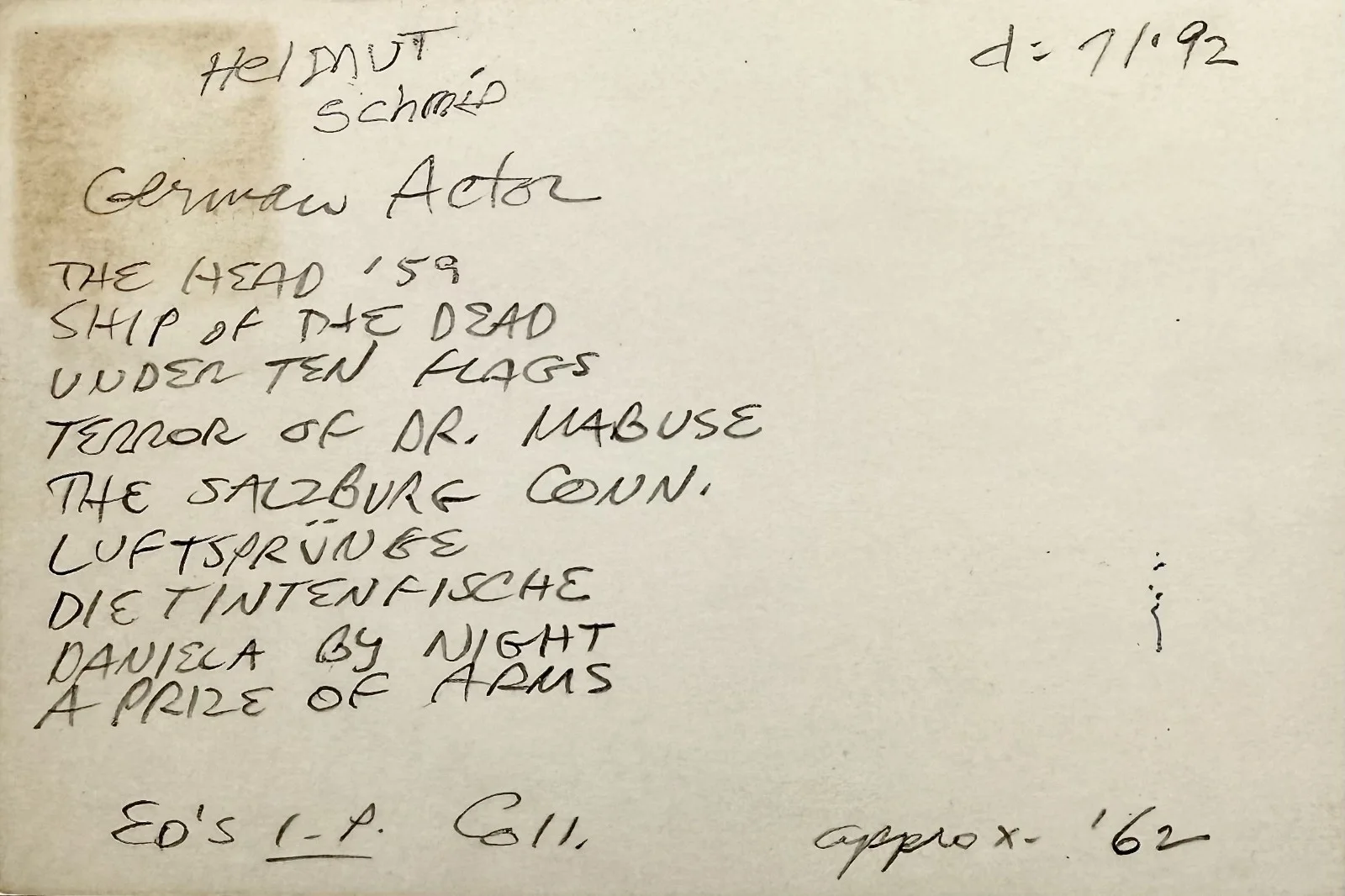 Helmut Schmid — HELMUT SCHMID Signed Autographed 4"x 6" INDEX CARD The Terror of Doctor Mabuse, изображение 3