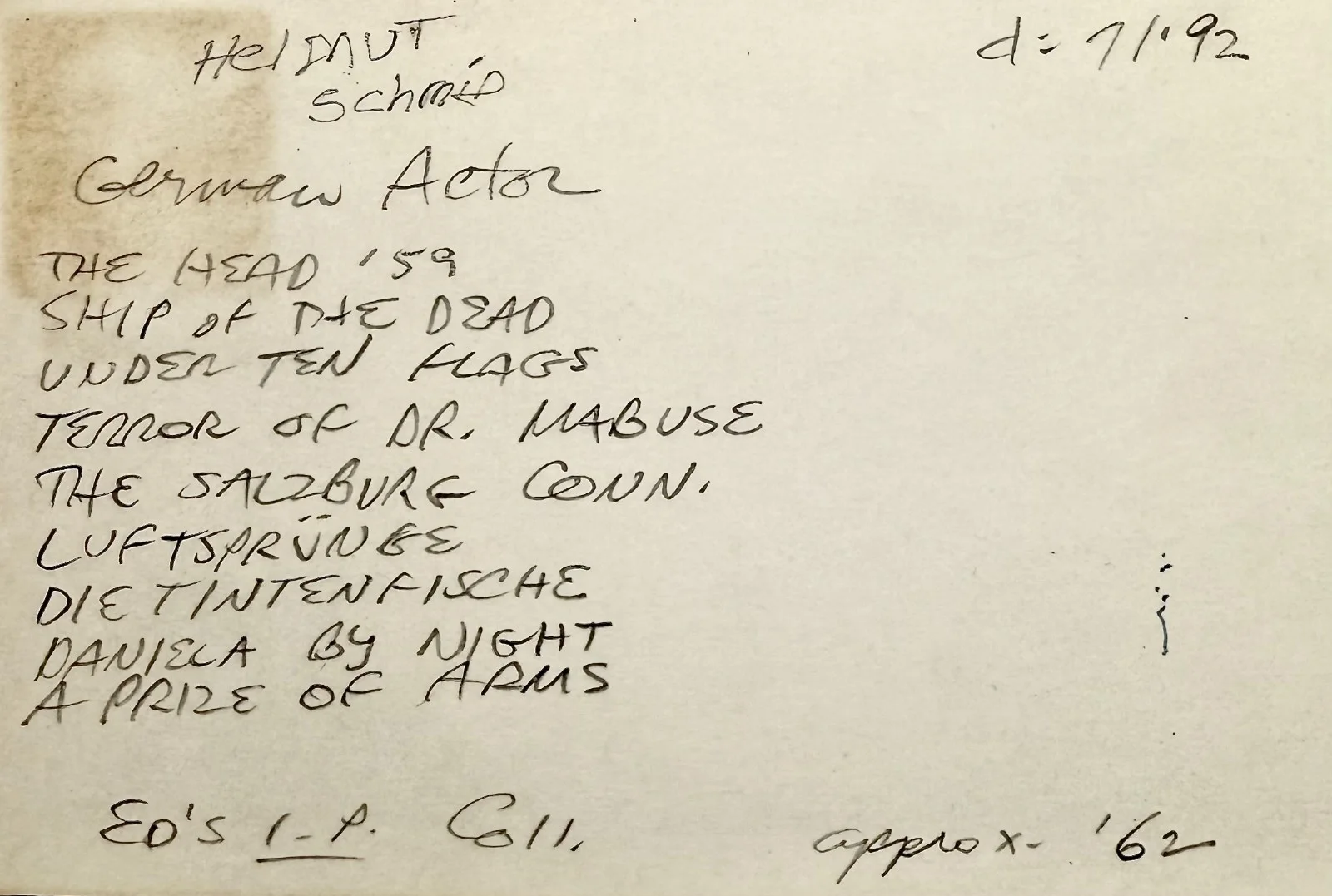 Helmut Schmid — HELMUT SCHMID Signed Autographed 4"x 6" INDEX CARD The Terror of Doctor Mabuse, изображение 5