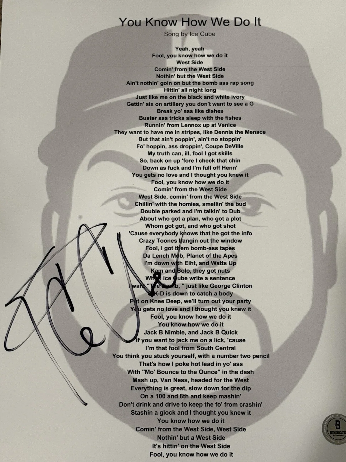 ICE CUBE SIGNED YOU KNOW HOW WE DO IT LYRICS SHEET BAS BN92100, image 2