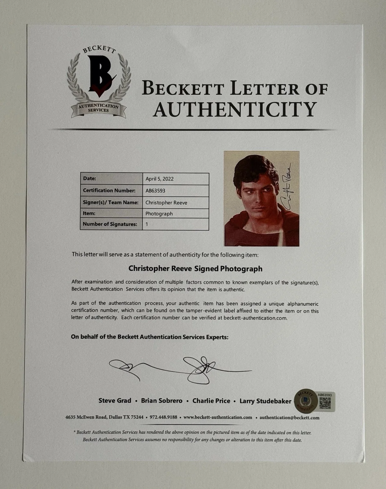 Christopher Reeve — Christopher Reeve Signed 8x10 Color Photo as Superman BAS Beckett LOA - JSA PSA, изображение 2