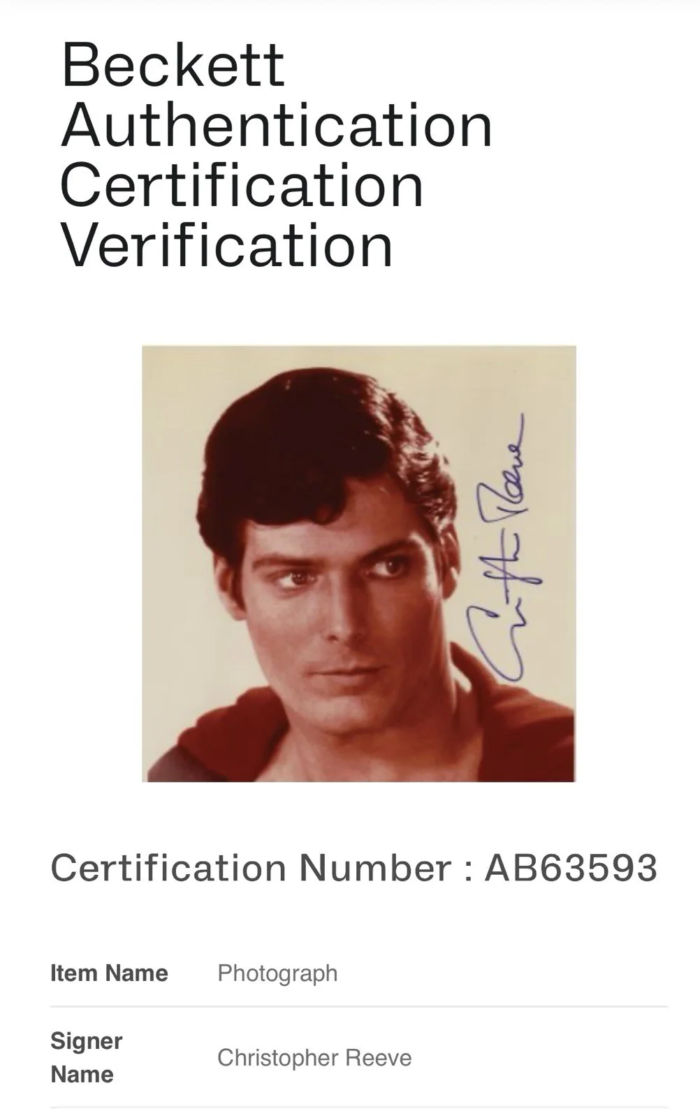 Christopher Reeve — Christopher Reeve Signed 8x10 Color Photo as Superman BAS Beckett LOA - JSA PSA, изображение 3