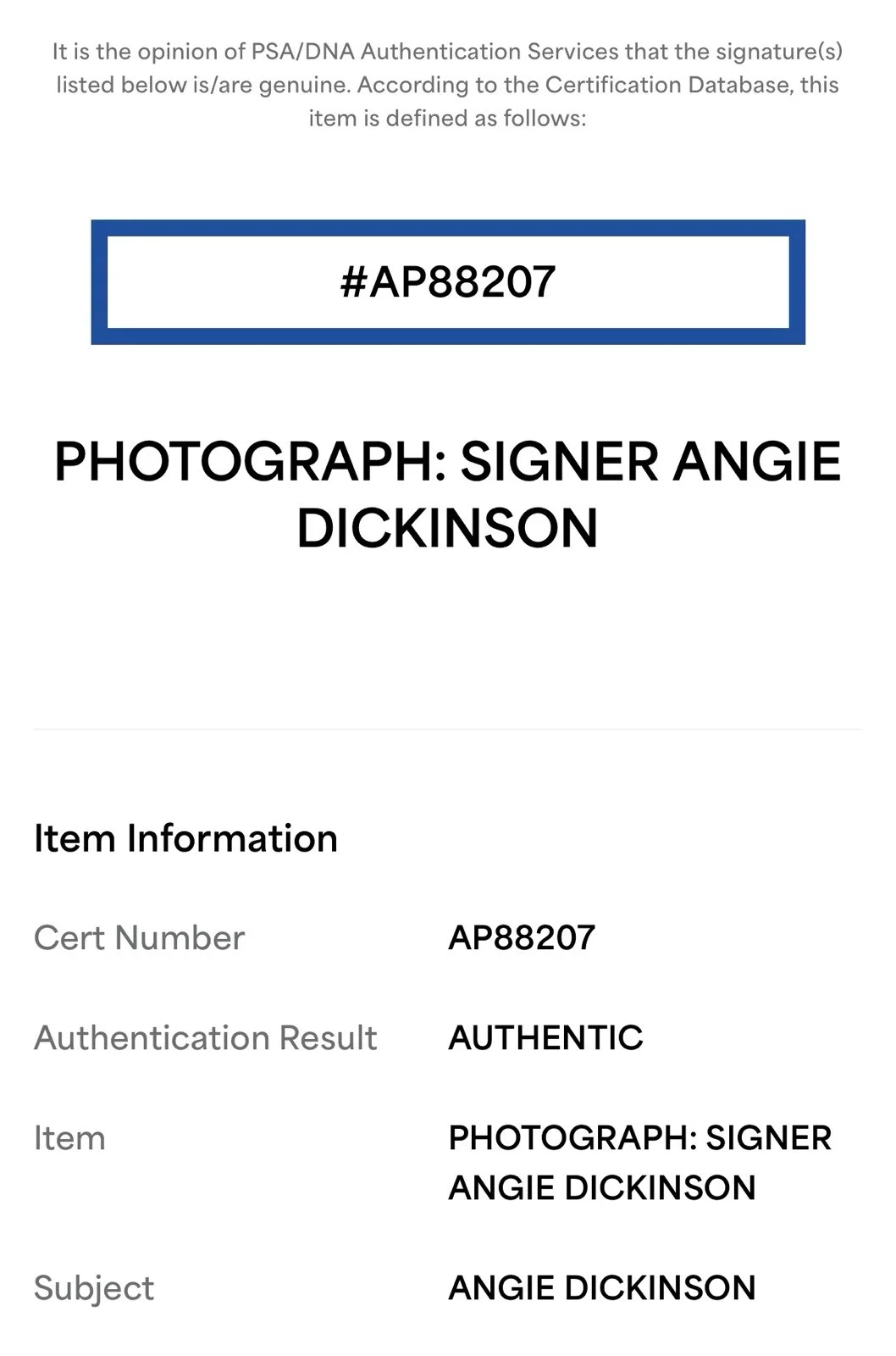 Angie Dickinson — Angie Dickinson Signed Color 8x10 Photo PSA COA Police Woman not JSA BAS Beckett, изображение 3