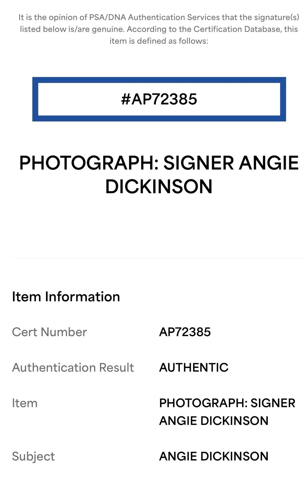 Angie Dickinson — Angie Dickinson Signed Color 8x10 Photo PSA COA Police Woman not JSA BAS Beckett, изображение 3