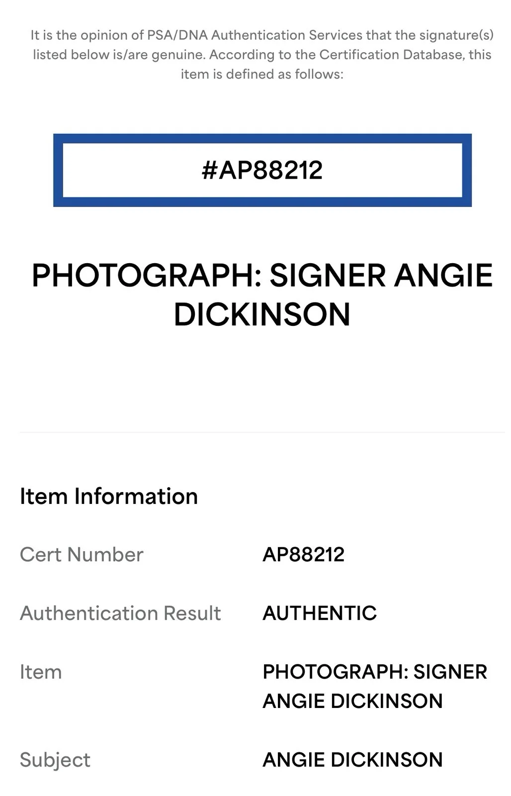 Angie Dickinson — Angie Dickinson Signed Color 8x10 Photo PSA COA Police Woman not JSA BAS Beckett, изображение 3