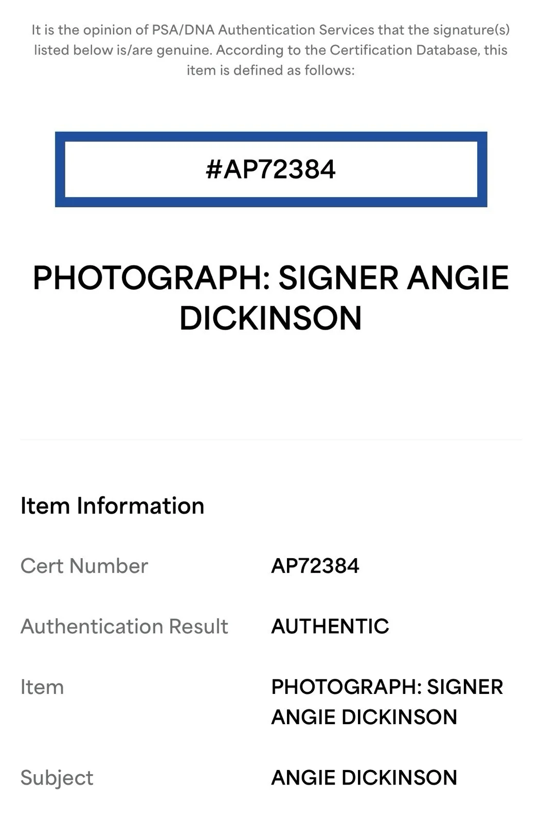 Angie Dickinson — Angie Dickinson Signed 8x10 Photo PSA COA Police Woman not JSA BAS Beckett, изображение 3