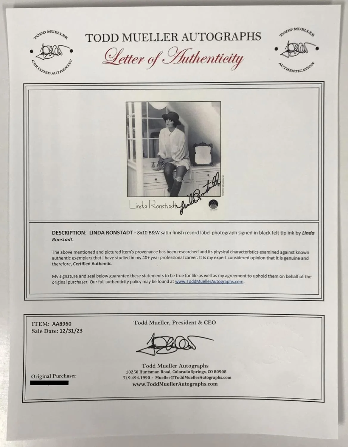 Linda Ronstadt Signed autographed Vintage Glossy 8x10 Photo - Todd Mueller COA, изображение 2
