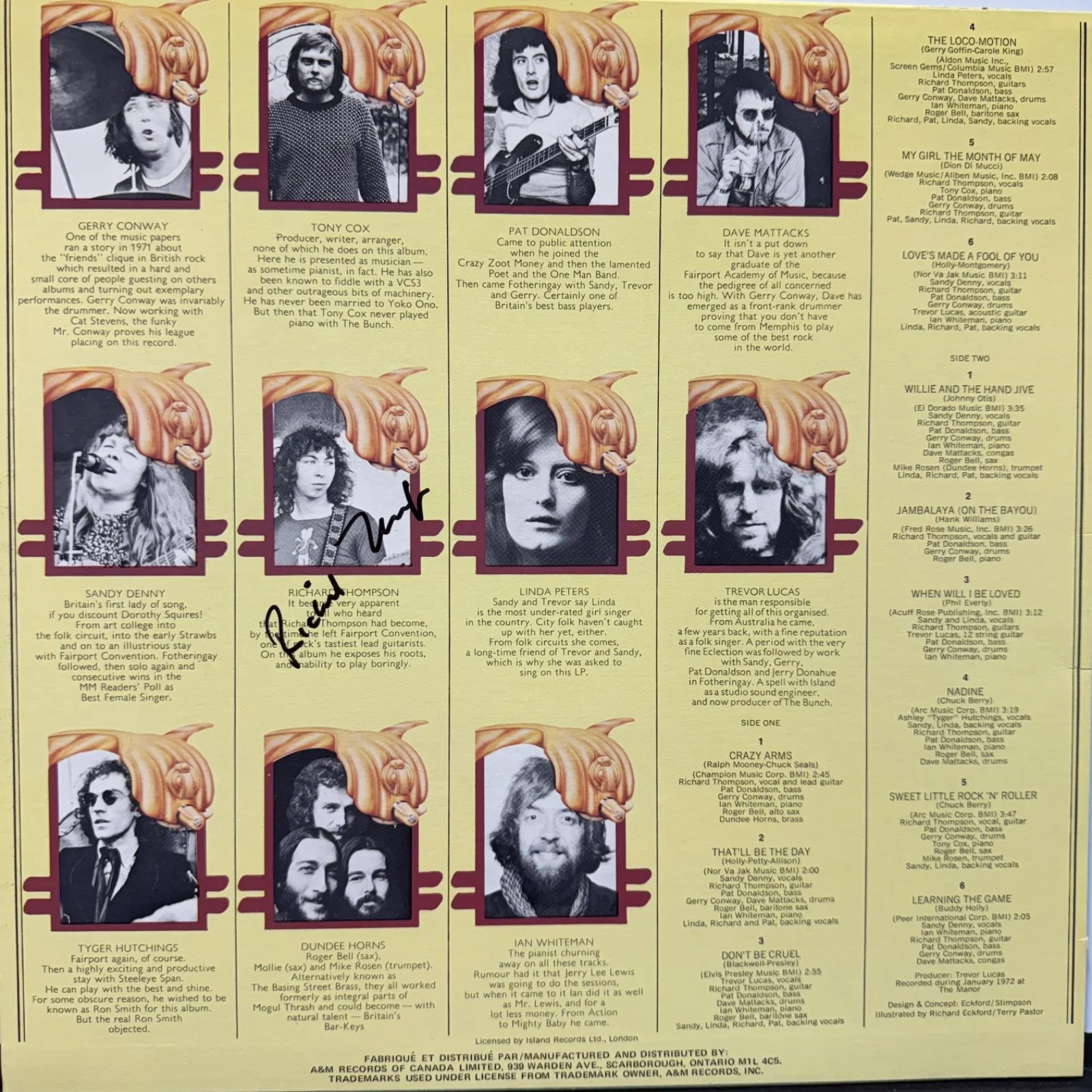 RICHARD THOMPSON - AUTOGRAPH!! Signed VINYL LP Canada SP-4354 A&M SANDY DENNY, изображение 2