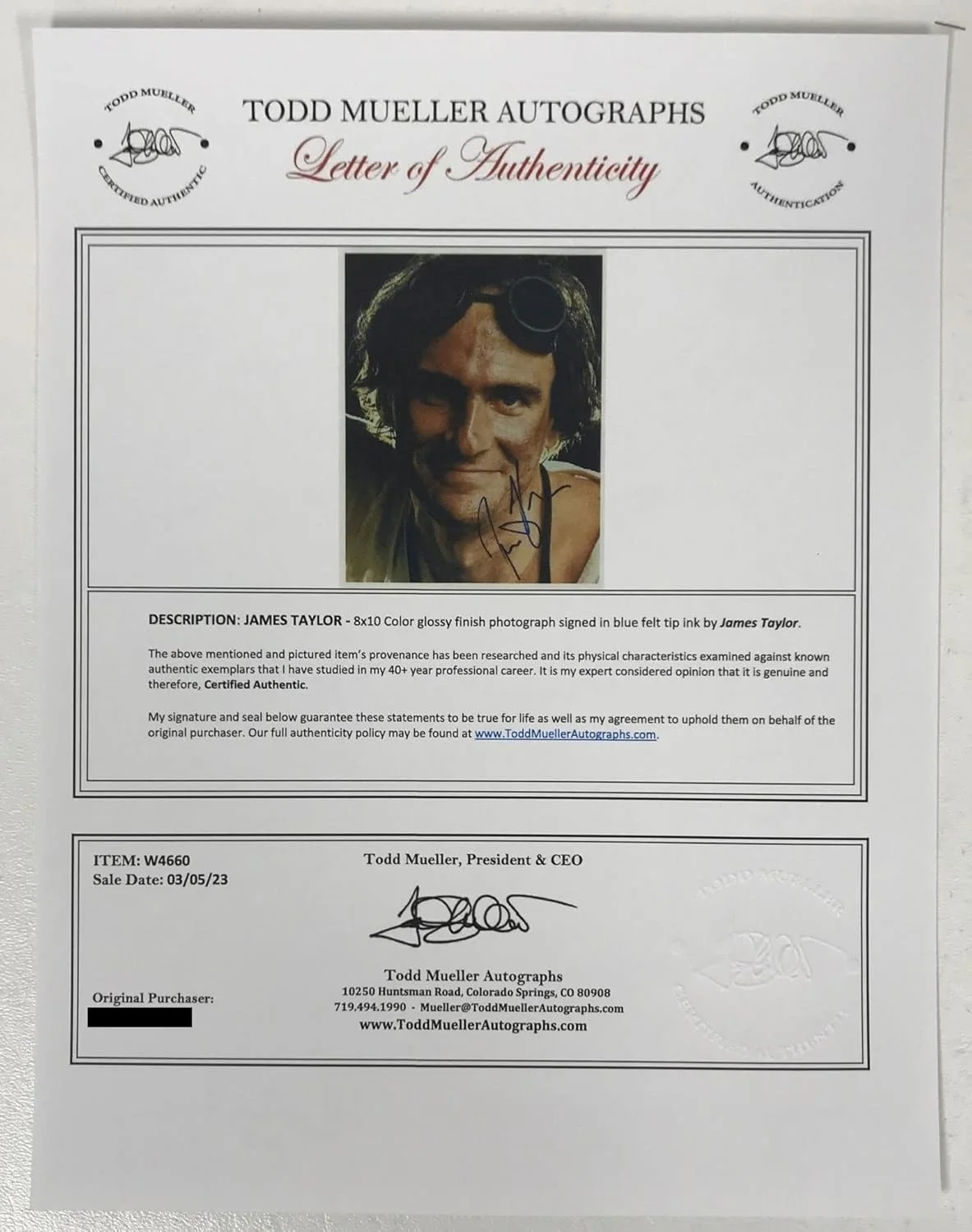 James Taylor Signed Autographed Glossy 8x10 Photo - Todd Mueller COA, изображение 2