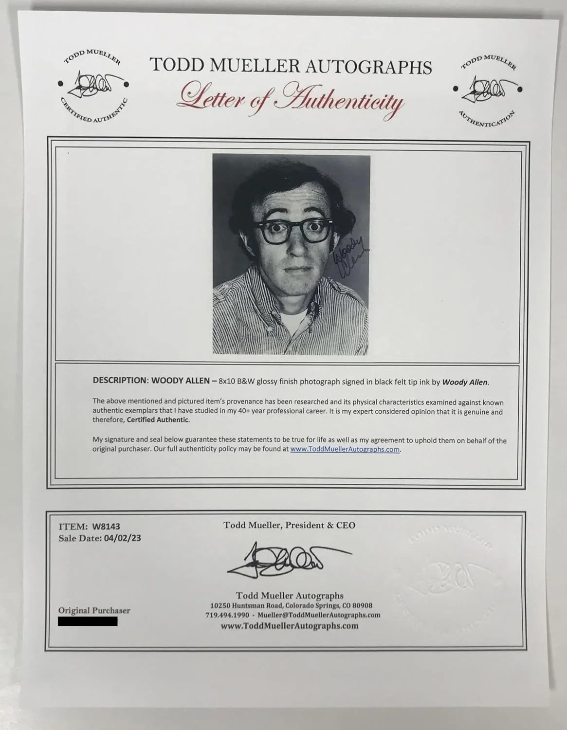 Woody Allen — Woody Allen Signed Autographed Glossy 8x10 Photo - Todd Mueller Authenticated, изображение 2