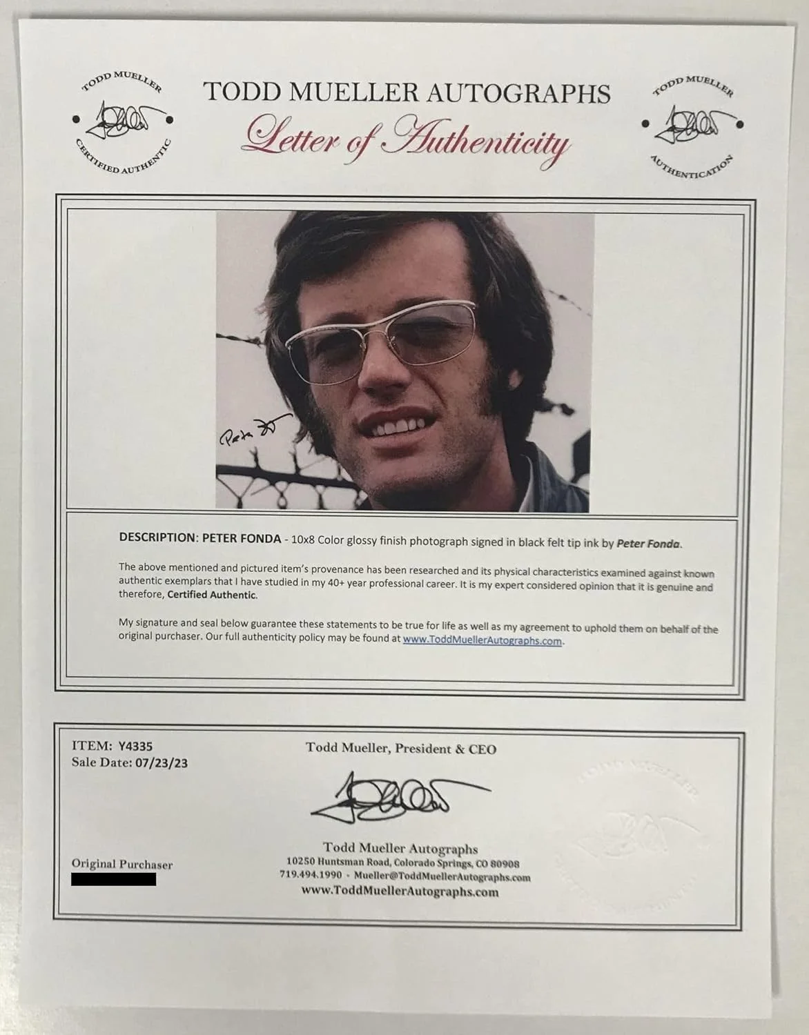 Peter Fonda — Peter Fonda (d. 2019) Signed Autographed "Easy Rider" Glossy 8x10 Photo, image 2