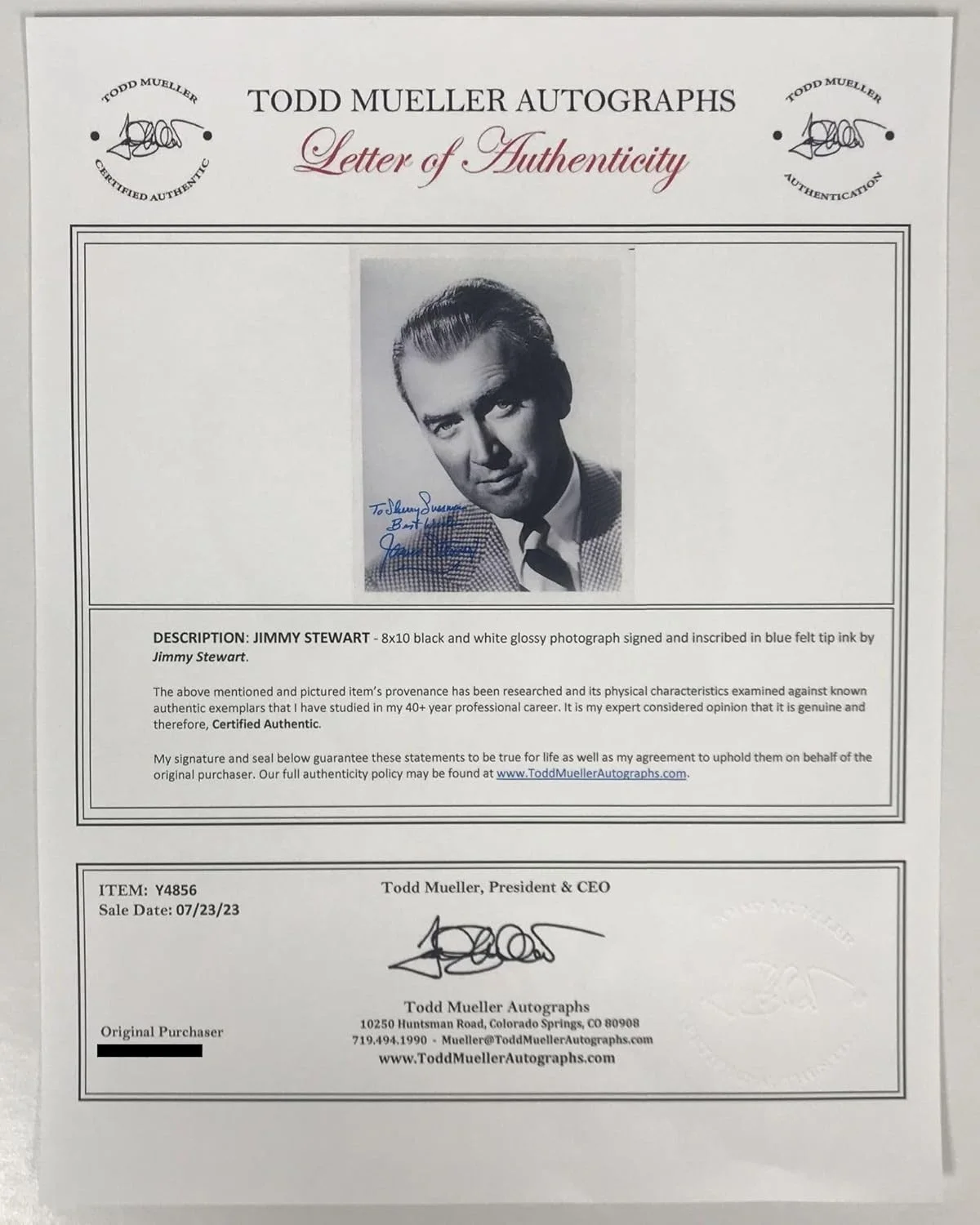 James Stewart — James Stewart (d. 1997) Signed Autographed Glossy 8x10 Photo - Todd Mueller COA, image 2