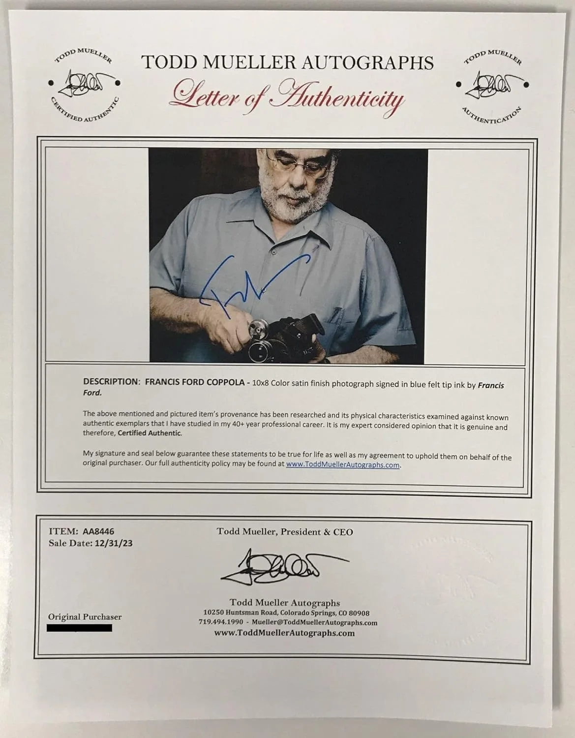 Francis Ford Coppola — Francis Ford Coppola Signed Autographed Glossy 8x10 Photo - Todd Mueller COA, изображение 2