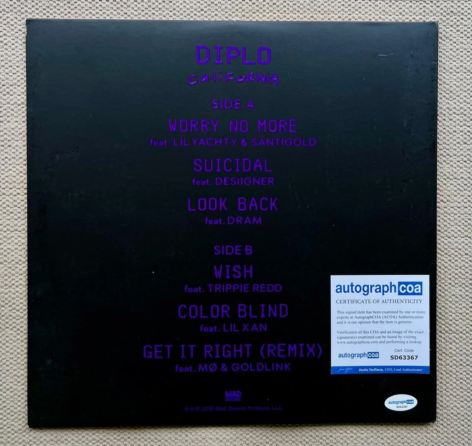 DIPLO SIGNED "CALIFORNIA" VINYL & RECORD - ACOA COA+ EXACT VIDEO PROOF, изображение 4