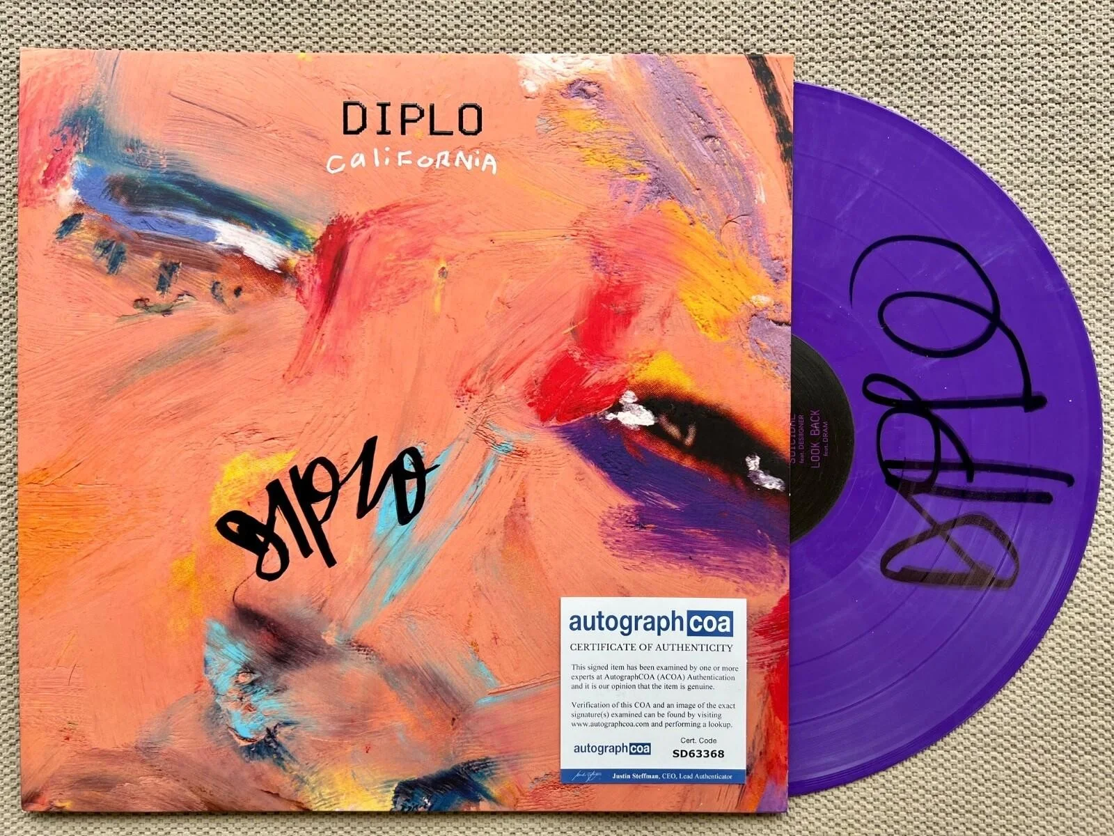 DIPLO SIGNED "CALIFORNIA" VINYL & RECORD - ACOA COA+ EXACT VIDEO PROOF, изображение 2