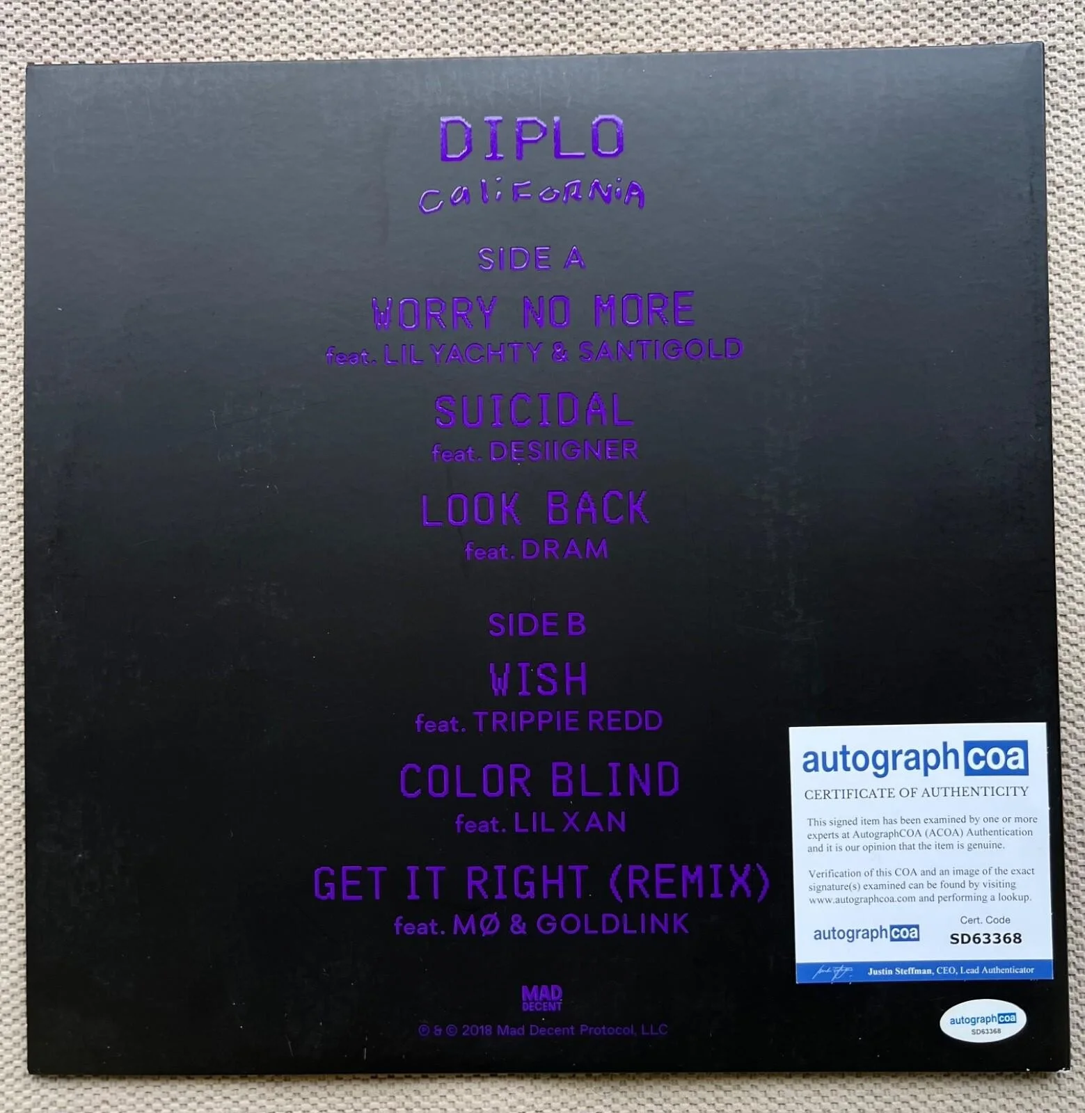 DIPLO SIGNED "CALIFORNIA" VINYL & RECORD - ACOA COA+ EXACT VIDEO PROOF, изображение 5