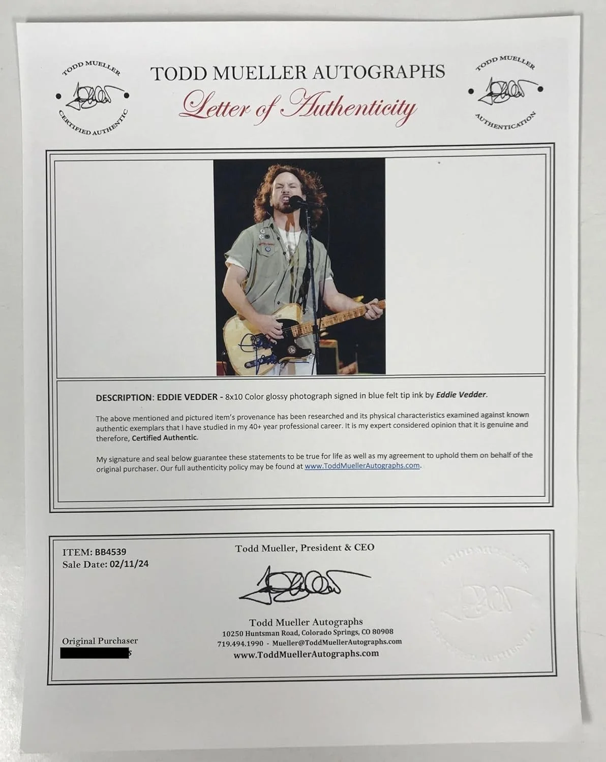 Eddie Vedder Signed Autographed Glossy 8x10 Photo - Todd Mueller COA, изображение 2