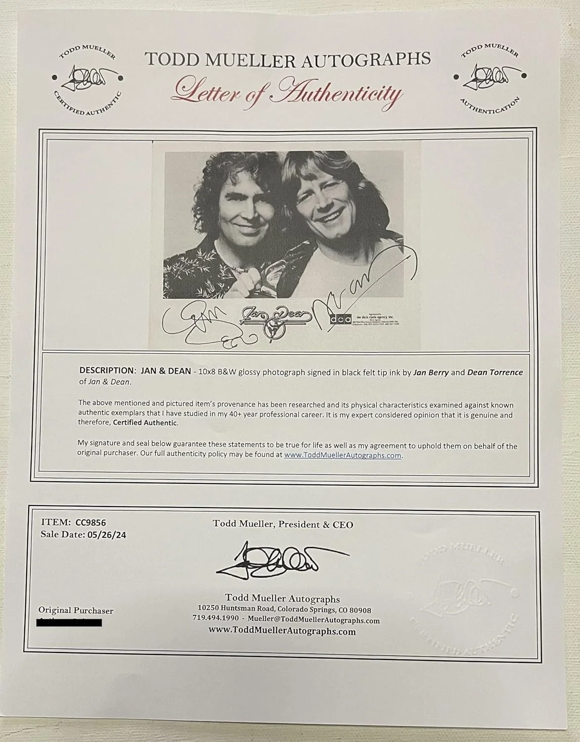 Jan & Dean Signed Autographed Vintage Glossy 8x10 Photo - Todd Mueller COA, изображение 2