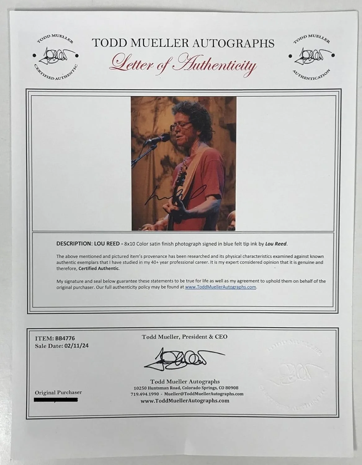 Lou Reed (d. 2013) Signed Autographed Glossy 8x10 Photo - Todd Mueller COA, изображение 2