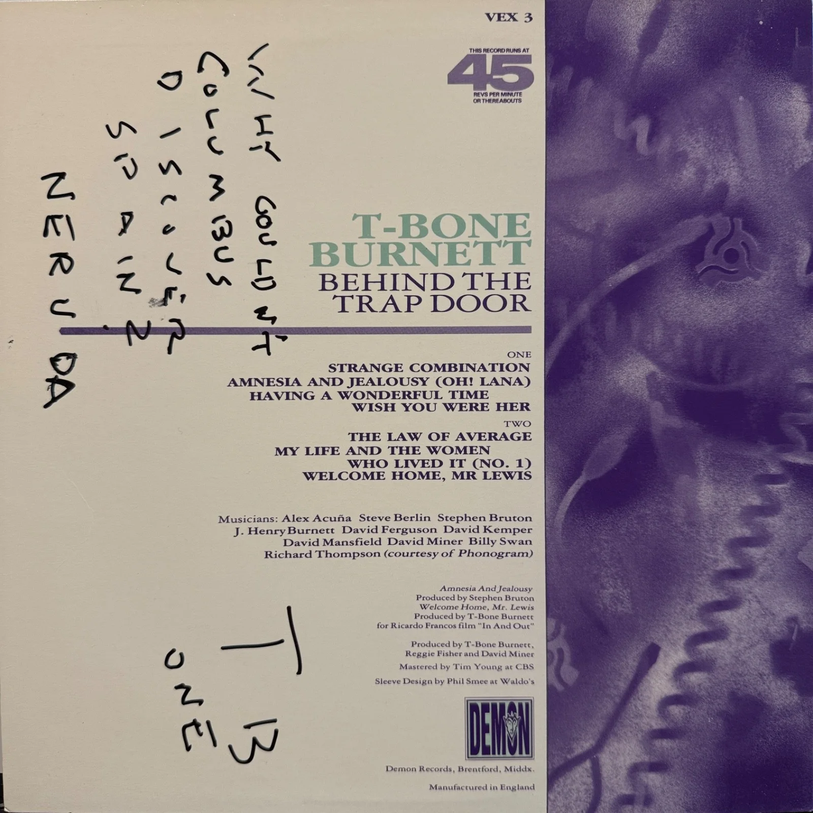 T BONE BURNETT - AUTOGRAPH!! Signed "Behind The Trap Door" UK 12" VINYL EP NM!, изображение 2