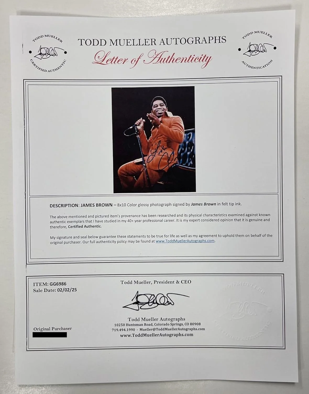James Brown (d. 2006) Signed Autographed Glossy 8x10 Photo - Todd Mueller COA, изображение 2