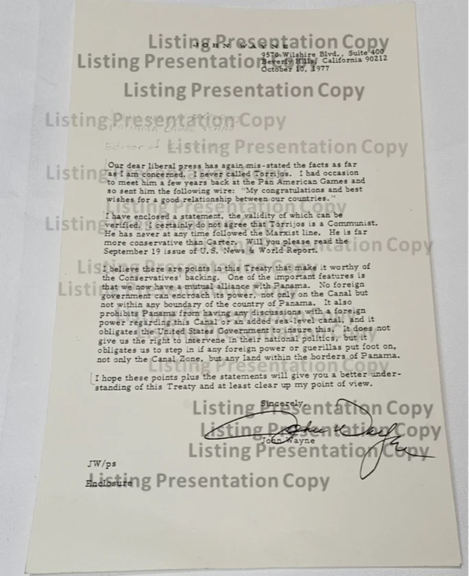 John Wayne — John Wayne Autographed Political Letter Torritos/Panama 10-10-77 Ensign News, изображение 3
