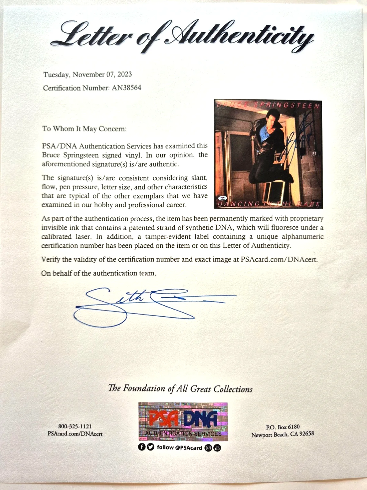 BRUCE SPRINGSTEEN SIGNED AUTOGRAPHED DANCING IN THE DARK VINYL RECORD PSA LOA, image 5