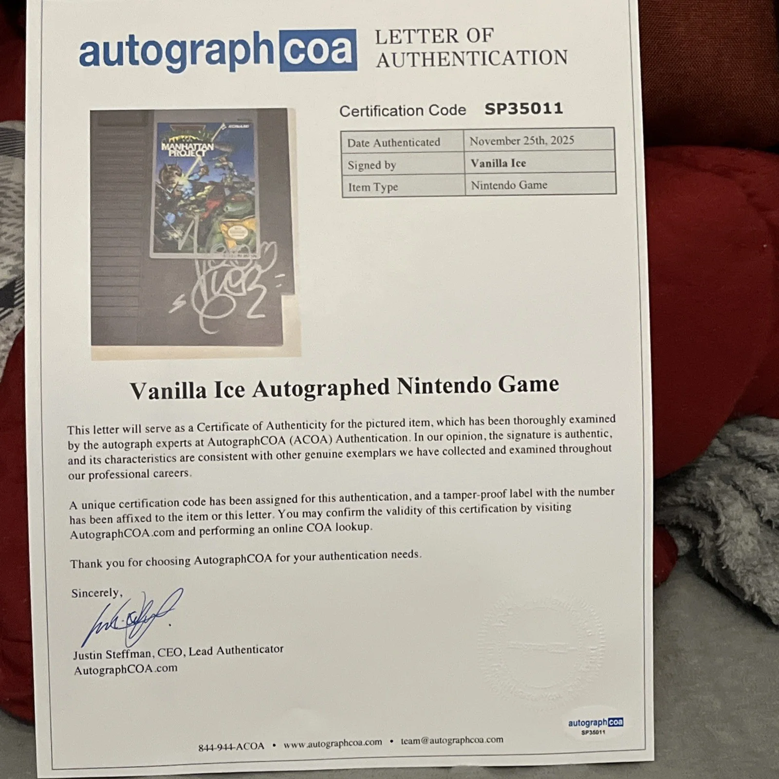 RARE VANILLA ICE SIGNED AUTOGRAPHED NINTENDO NES GAME ACOA LOA TMNT NINJA TURTLE, изображение 2