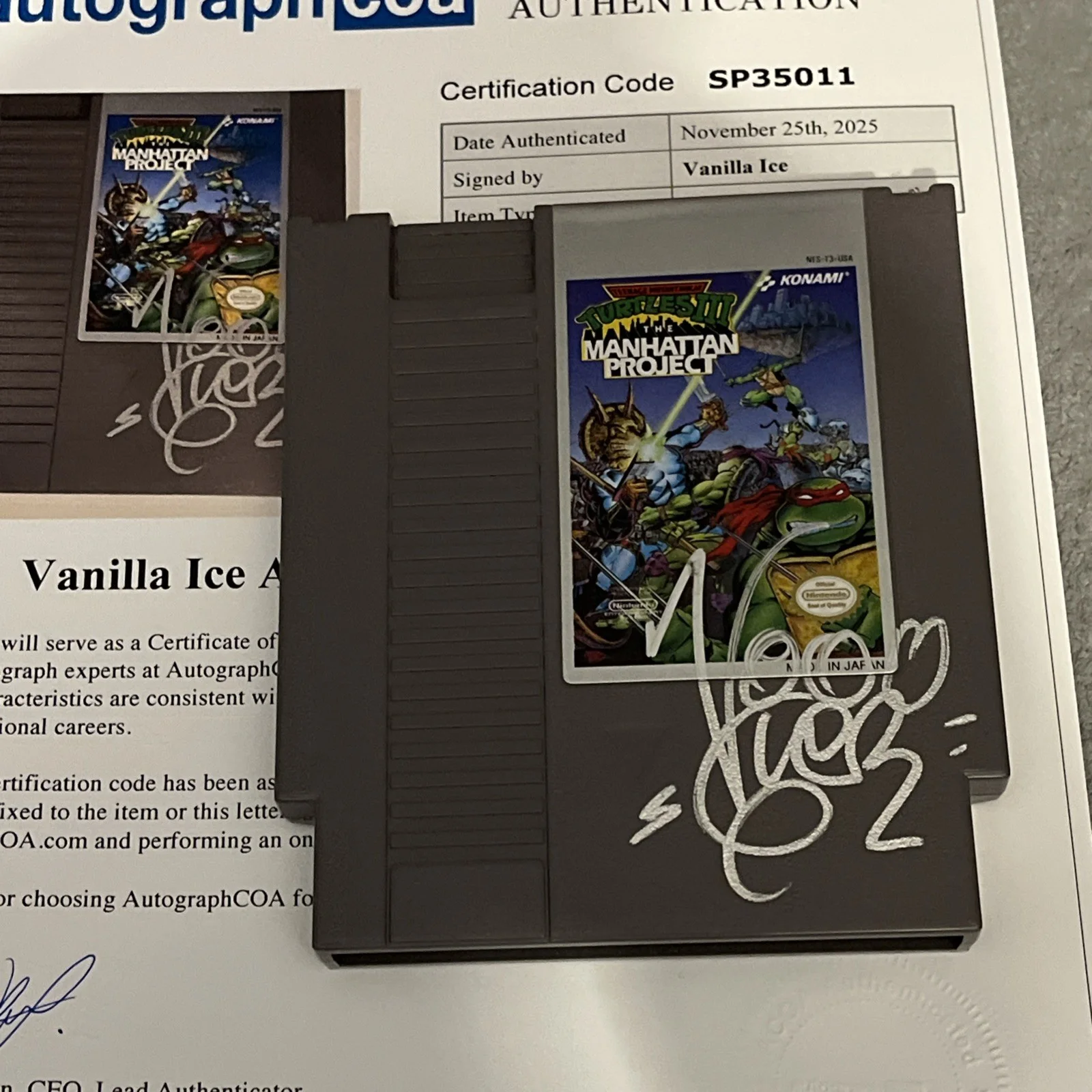 RARE VANILLA ICE SIGNED AUTOGRAPHED NINTENDO NES GAME ACOA LOA TMNT NINJA TURTLE, изображение 3