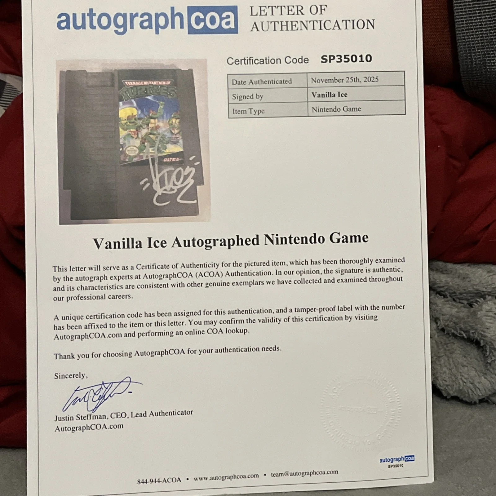 RARE VANILLA ICE SIGNED AUTOGRAPHED NINTENDO NES GAME ACOA LOA TMNT NINJA TURTLE, image 2